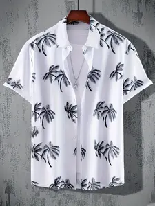 Men's Palm Tree Print Short Sleeve Shirt, Casual Regular Fit Button Front Top for Summer, Men's Clothes for Beach Vacation, Tropical, Menswear, Clothing, Casual Fashion Shirt