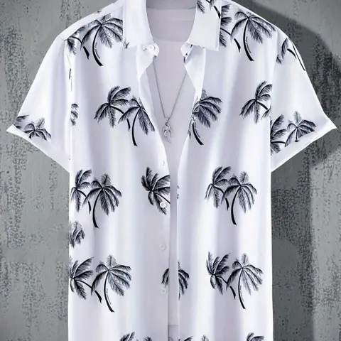 Men's Palm Tree Print Short Sleeve Shirt, Casual Regular Fit Button Front Top for Summer, Men's Clothes for Beach Vacation, Tropical, Menswear, Clothing, Casual Fashion Shirt