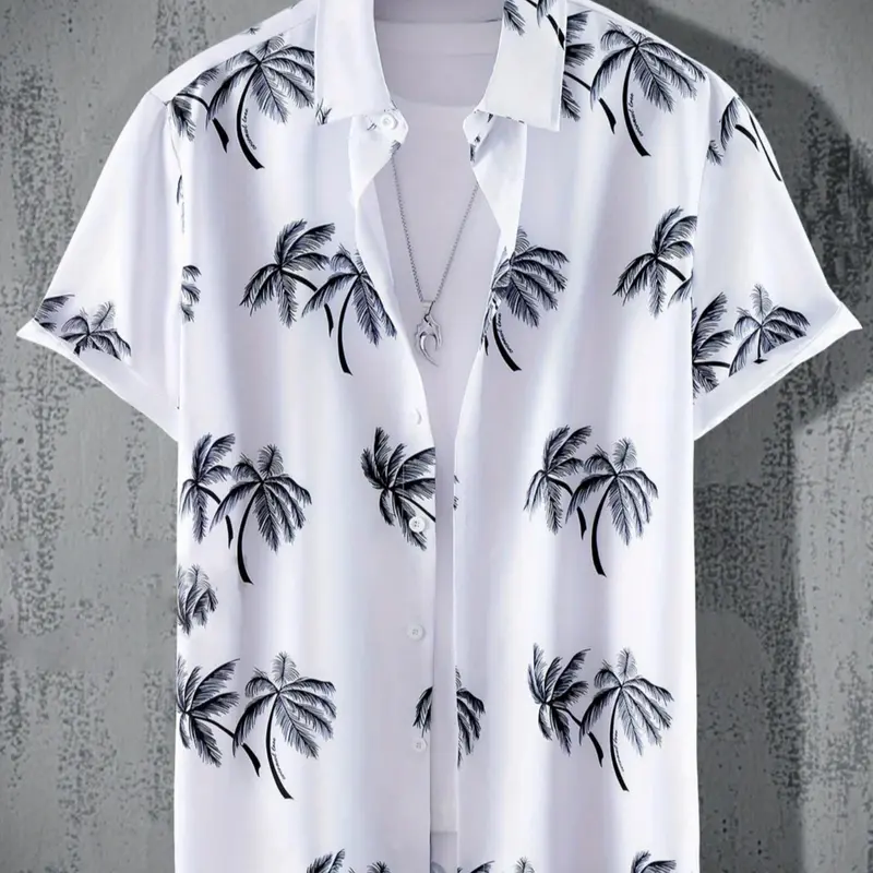 Men's Palm Tree Print Short Sleeve Shirt, Casual Regular Fit Button Front Top for Summer, Men's Clothes for Beach Vacation, Tropical, Menswear, Clothing, Casual Fashion Shirt