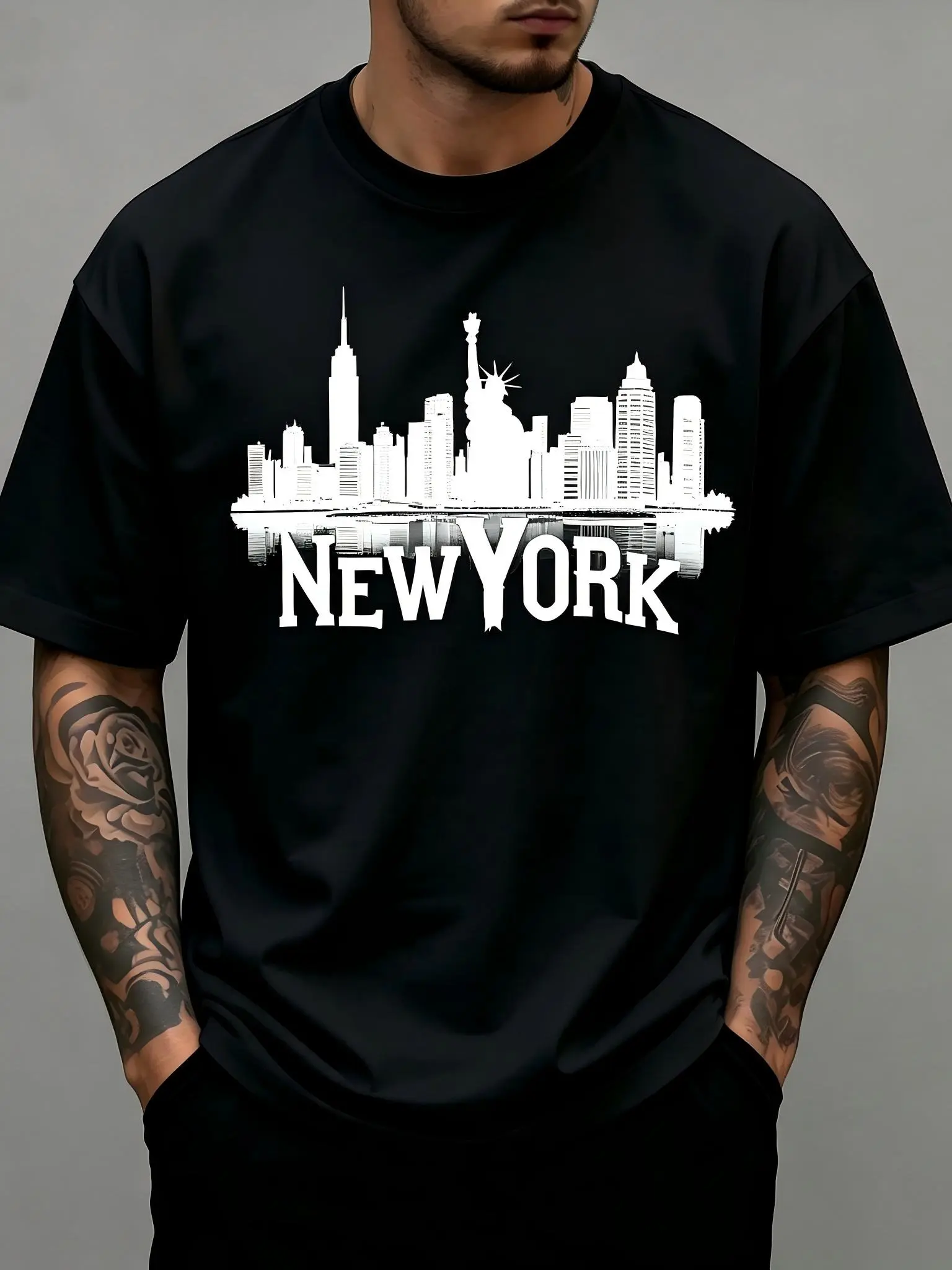 New York City Skyline Statue Of Liberty T-Shirt for Men & Women - NYC Urban Graphic, Soft Breathable Cotton Crew Neck Short Sleeve, All-Season Summer Spring Casual, Great Travel Streetwear & Gift, Machine Washable