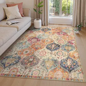 Moroccan Trellis Washable Area  Faux Cashmere Rugs 5x7, 5x7 Area Rugs for Living Room Bedroom, Indoor Non-Slip Large Oriental Accent Throw Carpet for Kitchen Entryway Bathroom Office, Cream/Multi