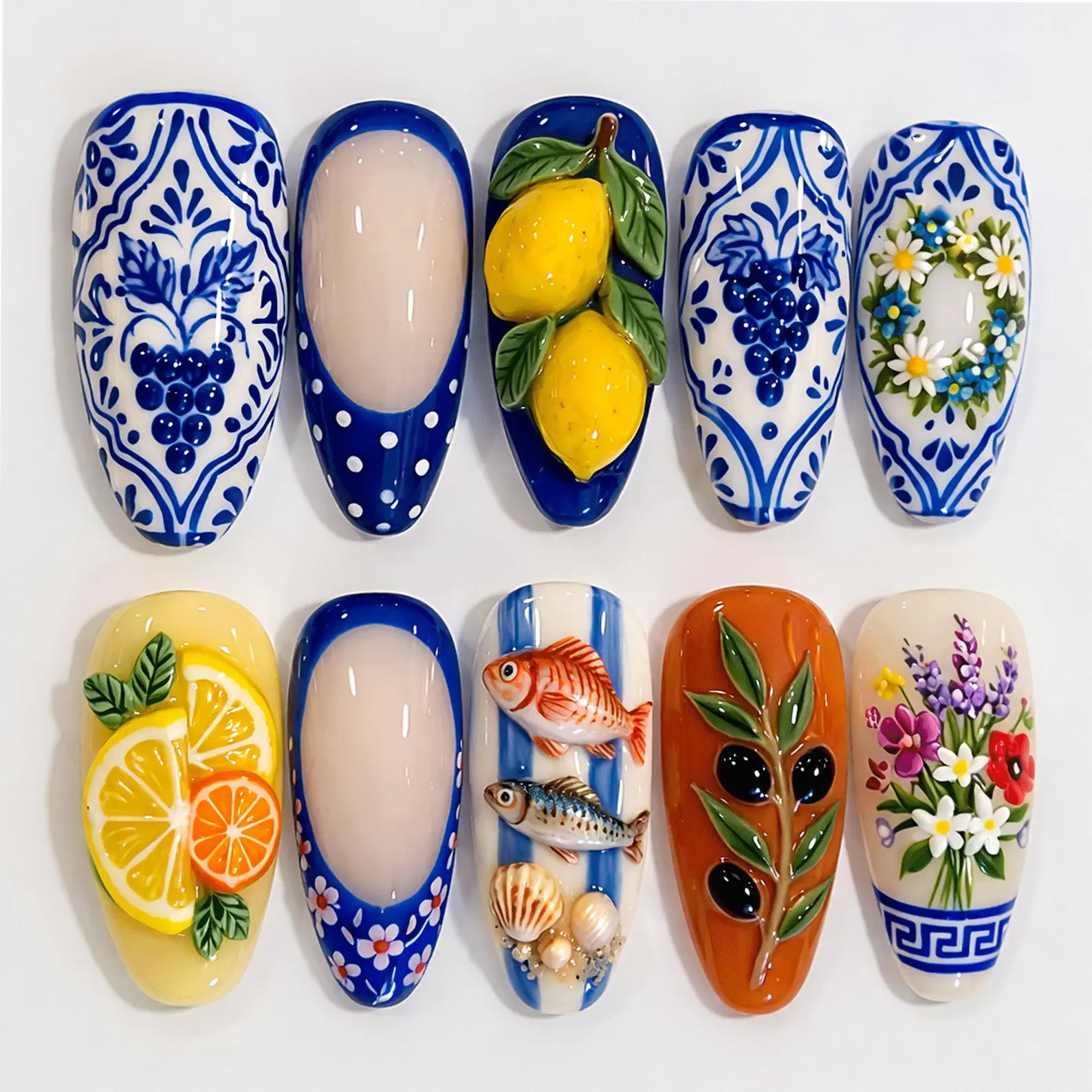 Handmade Mediterranean Lemon Press On Nails | Blue Tile, Olive & Fish 3D Art Coast Summer Nails