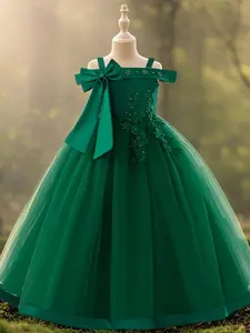 Girl's Faux Pearl Applique Bow Tulle Overlay Satin Party Dress, Elegant Sleeveless A Line Dress for Wedding Guest, Kids Clothes for Summer
