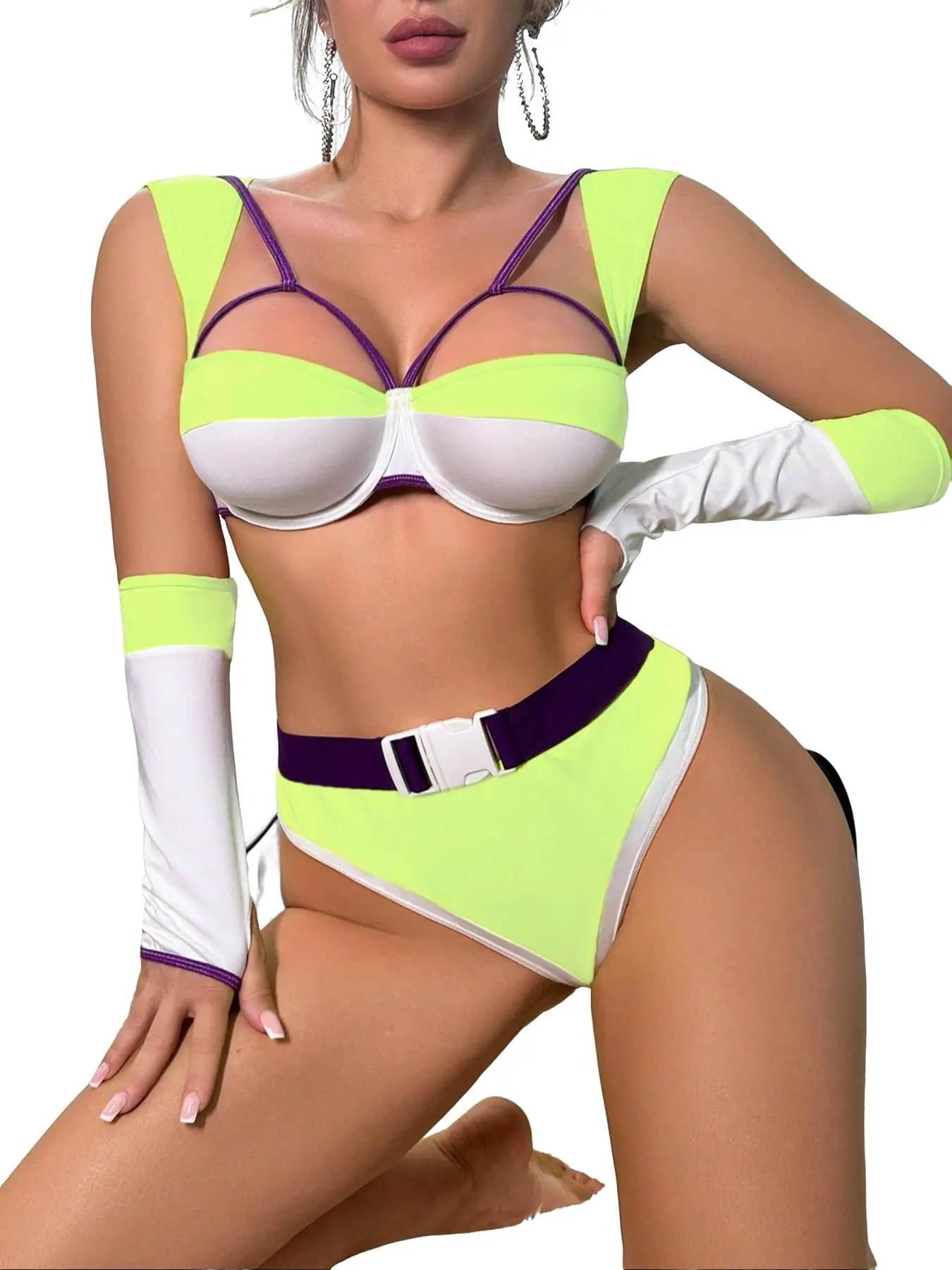 Slim Intimates Neon Color Block Roleplay Lingerie Set Underwear – Futuristic Space Girl Bralette 4-Piece Cosplay Outfit, S-XL