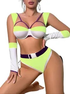 Futuristic Space Girl Lingerie Bralette Set - Neon Color Block 4-Piece Roleplay Outfit