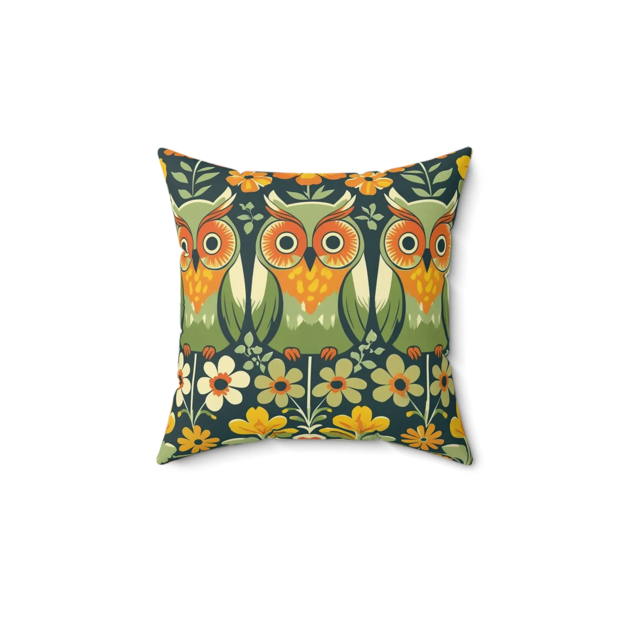 Retro Owl Flower Power Groovy 70s Floral Green, Orange Fall Pillow And Insert