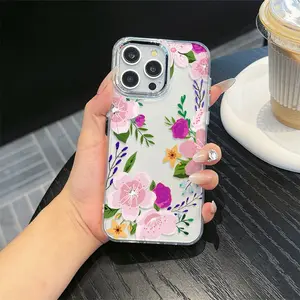 Metal Frame Transparent Floral Pattern Tpu Anti-Drop Case for iPhone 6/7/8/x/XS/XR/XS Max/11/12/13/14/15/16/17 Pro Max, Gift for Women