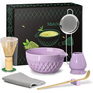 Matcha Whisk Set, 7 Pcs Matcha Kit, Matcha Set Includes Matcha Bowl with Spout, Matcha Whisk and Holder, Bamboo Scoop, Scoop Rest, Sifter and Tea (Purple)