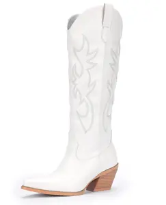 【New Colors】Women's Western Cowboy Boots - Wide Calf Knee-High Cowgirl Boots with Classic Embroidery Slip-On Pointed Toe Chunky Heel Retro Fashion Tall Boots for Festival Concert Outfits White Walking Shoes Footwear tiktokshopspringglowup summervibes,summ