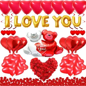I Love You  Balloons and Heart Balloons Kit with 1000 count Dark-Red Silk Rose Petals Romantic Flower Decoration Love-Bear Red Heart Balloons for Valentine Day Wedding Party Decorations
