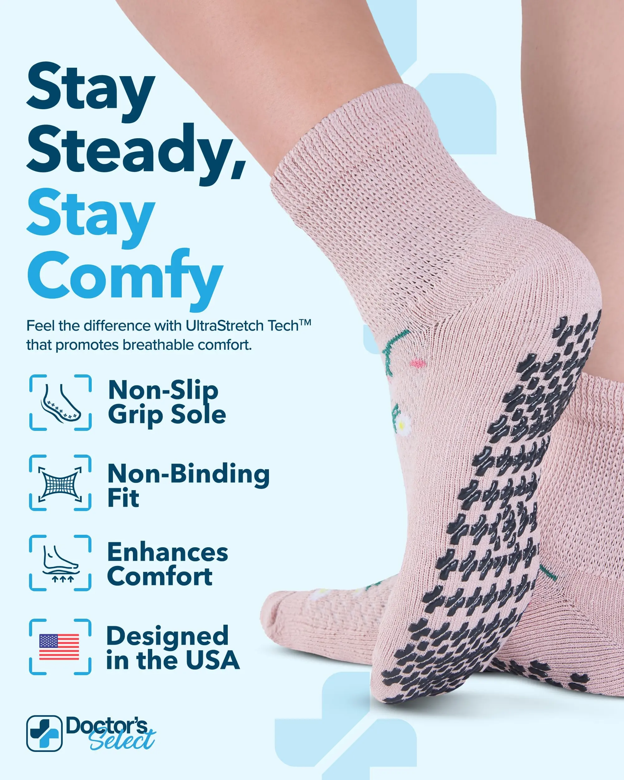 Doctor's Select Non Slip Diabetic Socks for Women & Men | 6 Pairs | Smooth Toe Seams & Grippers | Colors: White, Purple, Gray, Peach, Black, Blue Doctor's Select Non Slip Diabetic Socks for Women & Men | 6 Pairs | Smooth Toe Seams & Grippers | Colors: White, Purple, Gray, Peach, Black, Blue