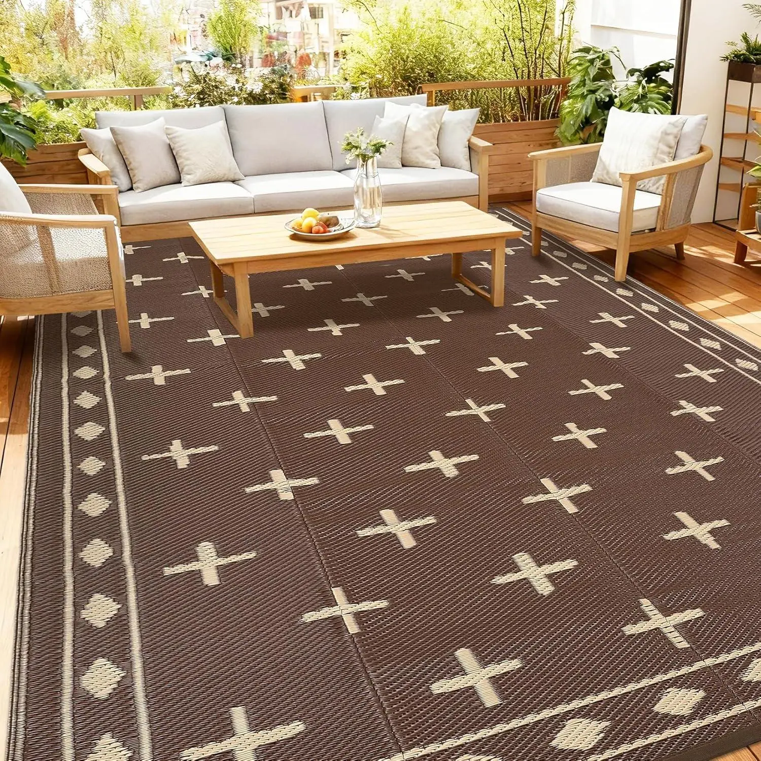 Large 9x18 Outdoor Area Rug, Waterproof Plastic Straw Mat with Framed Geometric Design for RV Awning, Patio, Deck, Garden, Camping, Beach and Backyard,Brown Coffee