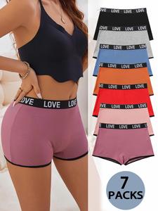 women's 7pcs letter tape contrast binding ribbed boxer brief, soft comfy breathable panty for daily wear, underwear for all seasons, minimalist, activewear