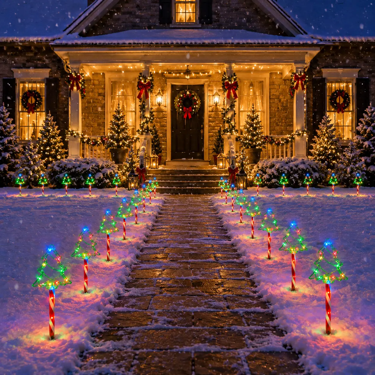 8/12-piece set solar-powered colorful Christmas tree ground stakes, outdoor decorative lights, pathway lights for courtyards, suitable for lawns, flower beds, patios, hallways, holiday parties, front yards, and outdoor Christmas scene decoration