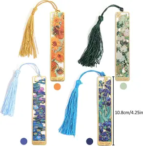 4 Pieces Metal Bookmarks with Tassel, Golden Hollow Bookmark Oil Painting Theme Book Mark Bookmarks for Book Lovers Writers Readers Children Teens Men Women Adults