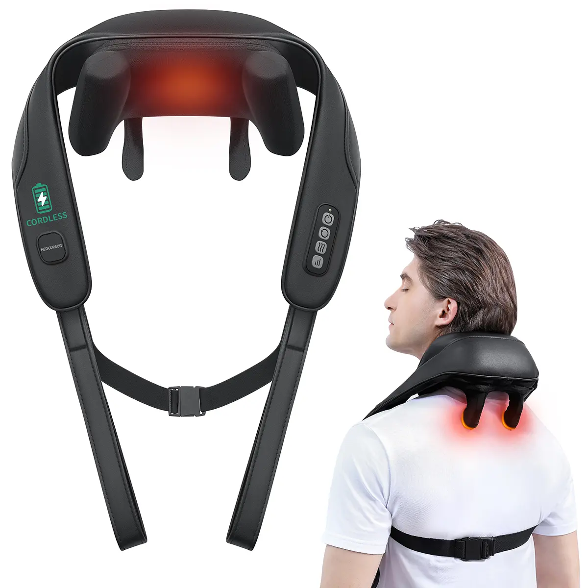 Medcursor Wireless 4D 6-Massage Nodes Deep Tissue Kneading Neck Massager - Massage Devices, Neck Support, Faux Leather, Lock Strap, Adjustable, Immersive Relief for Home/Office Use, Ideal Gift (Batteries Included), Fe-4006