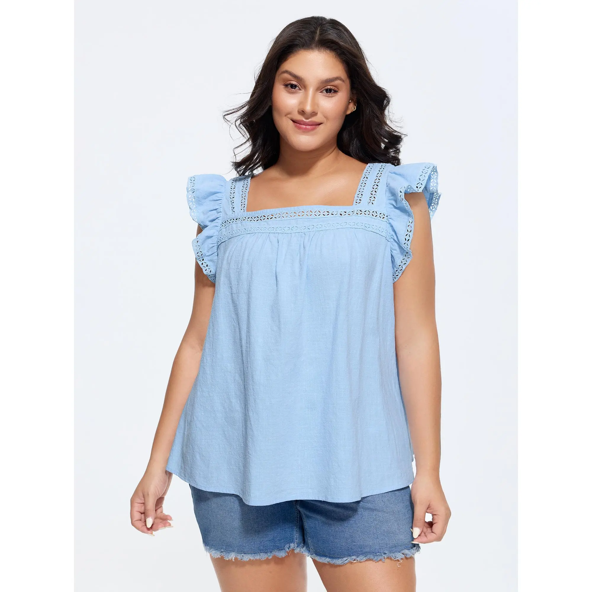 BloomChic Women's Plus Size Blouse, Solid 100% Cotton Leisure Shirt with Ruffle Sleeves and Lace Trim, Shirts, Blouses, Plus Size Tops, Garment, Fabric, Cap Sleeve, Casual, Regular, Basics, Do Not Tumble Dry, Hand Wash Only, Smooth, Plain