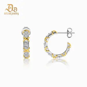 Delzzad Round Dipped Two-Tone Crossover D Color VVS Synthetic Moissanite Hoop Earrings S925 Stud Earrings Perfect for Any Occasion & Everyday Wear Birthday Anniversary Christmas Gifts for Men Women