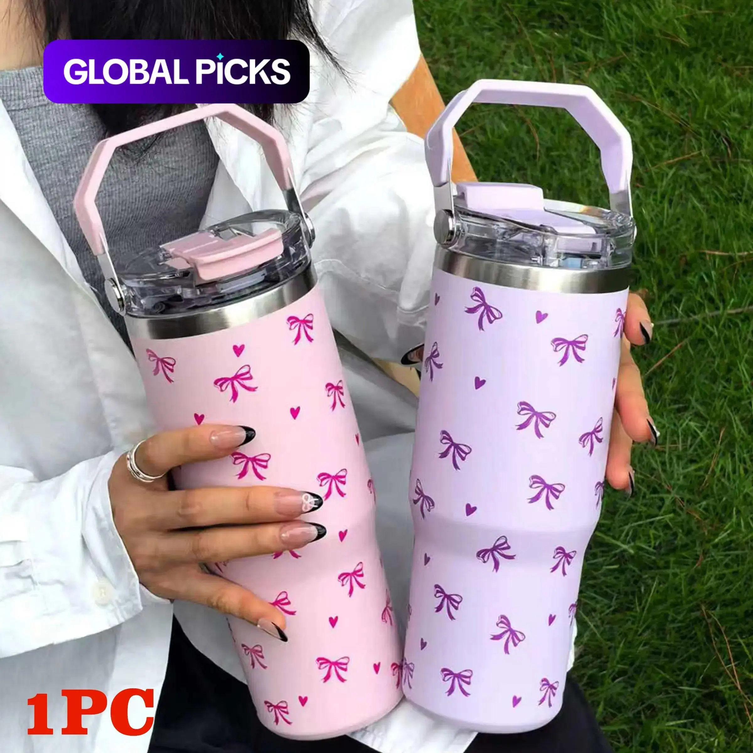 Insulated Stainless Steel Tumbler - Tumbler Shape, Butterfly Print, Bow Pattern, Dual-Layer Vacuum Insulation, Leak-Proof Lid, Ideal for Outdoor-Office Use #GLOBAL PICKS