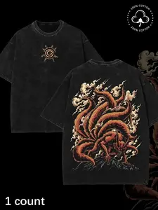 1 Piece Unisex Anime T-Shirt, Naruto Kurama Nine-Tailed Fox Graphic with Uzumaki Clan Symbol, 100% Cotton for Daily Casual Wear and Cosplay Events