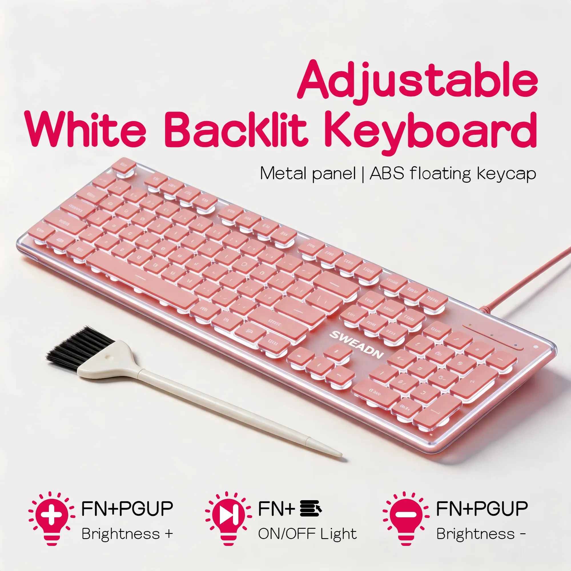 GX710S Pink Wired Backlit Keyboard, Full Size 104 Keys with Number Pad, Quiet USB Computer Keyboard for Study, Home Office & Casual Gaming, Cute Pink Desk Setup Keyboard with White LED Pudding Keycaps