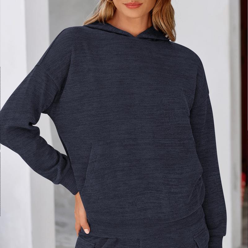 PRETTYGARDEN Women's Navy Blue 2-Piece Knitted Sets Hoodie & Wide Leg Pants with Pockets Drawstring Long Sleeve Loungewear Tracksuits Basic Fitted Clothes