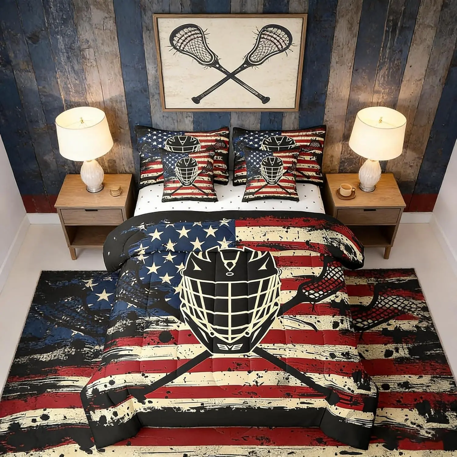 7 Pieces Lacrosse Kids Comforter Set,American Flag Bedding Set for Boys Girls Teens Room Decor,Sports Theme Bed in a Bag with Comforter,Fitted Sheet,Top Sheet and Pillowcases