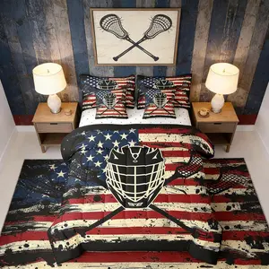 7 Pieces Lacrosse Kids Comforter Set,American Flag Bedding Set for Boys Girls Teens Room Decor,Sports Theme Bed in a Bag with Comforter,Fitted Sheet,Top Sheet and Pillowcases