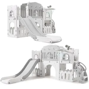 Toddler Slide 8 in 1 Toddler Playset for Toddlers Age 1-3, Baby Playset for Indoor Outdoor Playground with Climber, Crawling Tunnel, Basketball Hoop, Telescope, Toy Storage,Gray ﻿