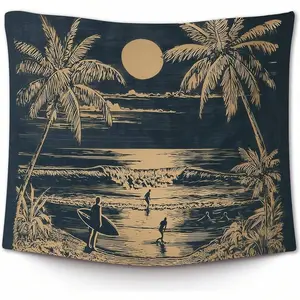 Retro Surfing Summer Ocean Wall Tapestry, Vintage Beach Coastal Wall Decor, Modern Surfboard Pattern Print Art, Blue Wave Aesthetic Room Decor, California Dreamin' Bedroom Hanging