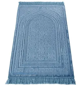 Luxury Velvet Islamic Prayer Rug Najma Steel Blue