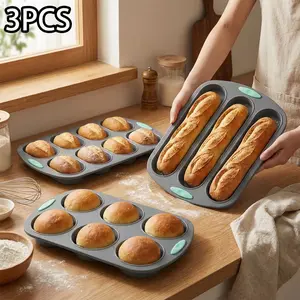3-Piece Non-Stick Silicone Bread Baking Mold Set, Includes Baguette Tray, Bun Molds, Toast Molds, High-Temperature Bake Tools