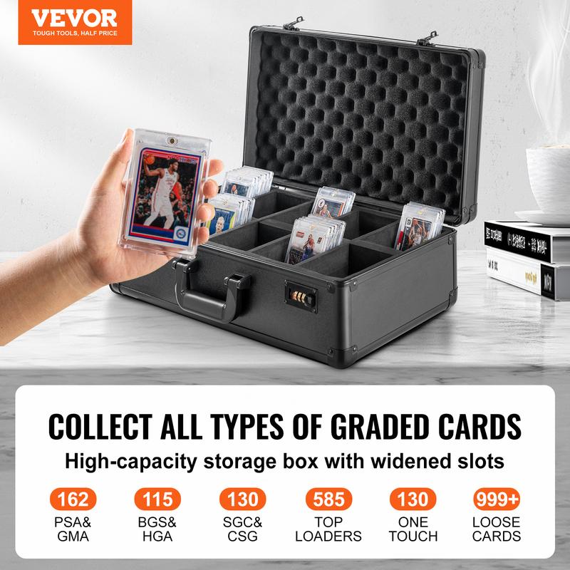 VEVOR Graded Card Storage Box,  , 5 Slots, Graded Sports Cards Holder Carrying Case with Coded Lock Foam Dividers, for 162 PSA Graded Cards 115 BGS Cards 130 SGC Cards 585 Top Loaders Metal Organiser