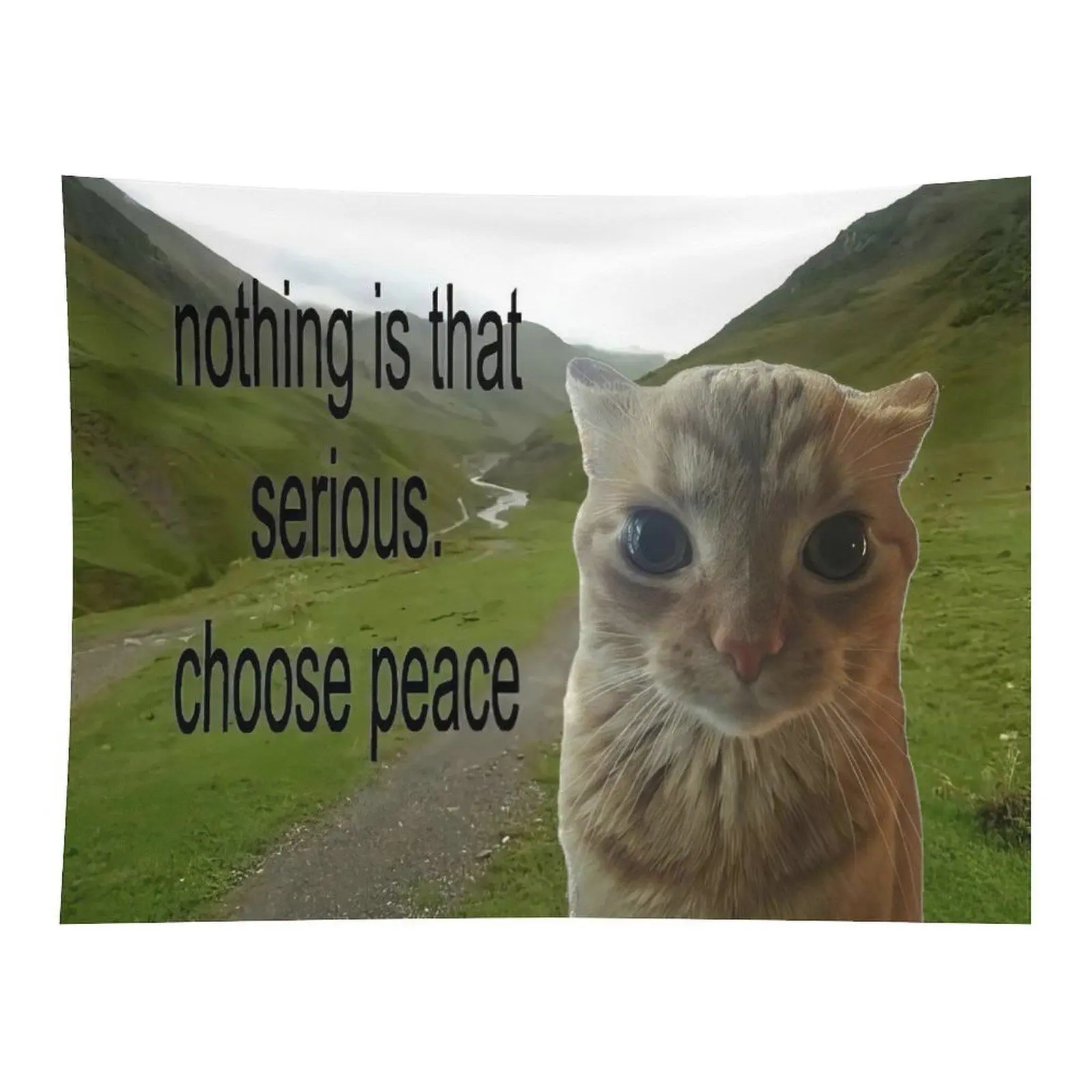Green Mountain Valley Stream Scenery Tabby Cat Meme Inspirational Quote Nothing Is That Serious Choose Peace Calm Aesthetic Wall Tapestry For Bedroom Dorm Decor