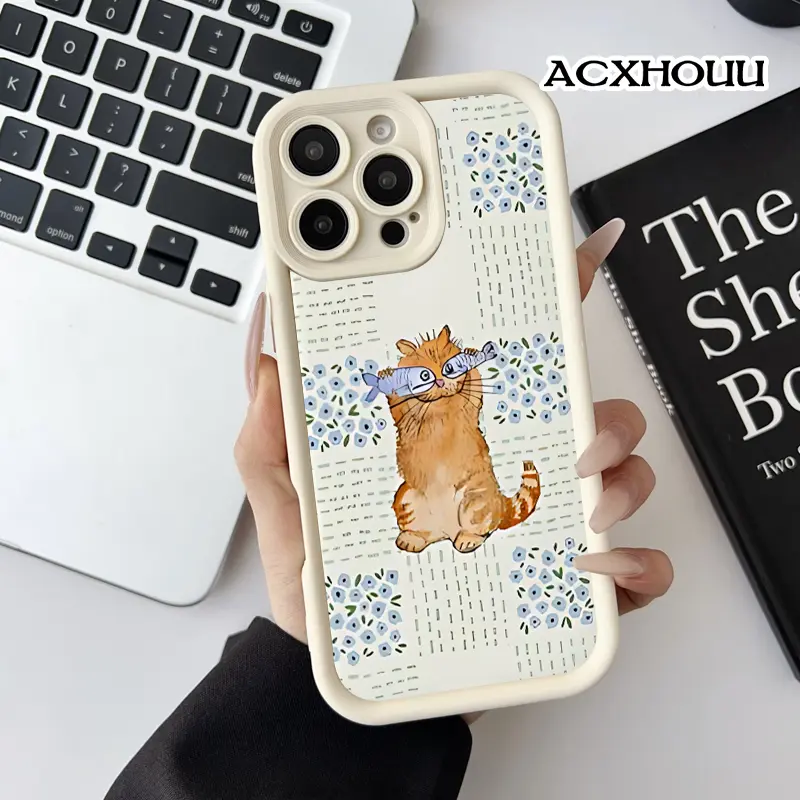 Softcase for iPhone 17 16 E Pro Max 15 Plus 14 13 12 11 XS XR Cat with Fish Glasses Coquette Pastel Design Shockproof Lightweight Protective Case