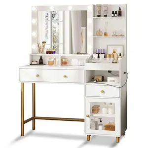 Sikaic Lighted Vanity Table, Makeup Vanity Set with LED Mirror and Charging Station, White Indoor Furniture, Vanity With Lights