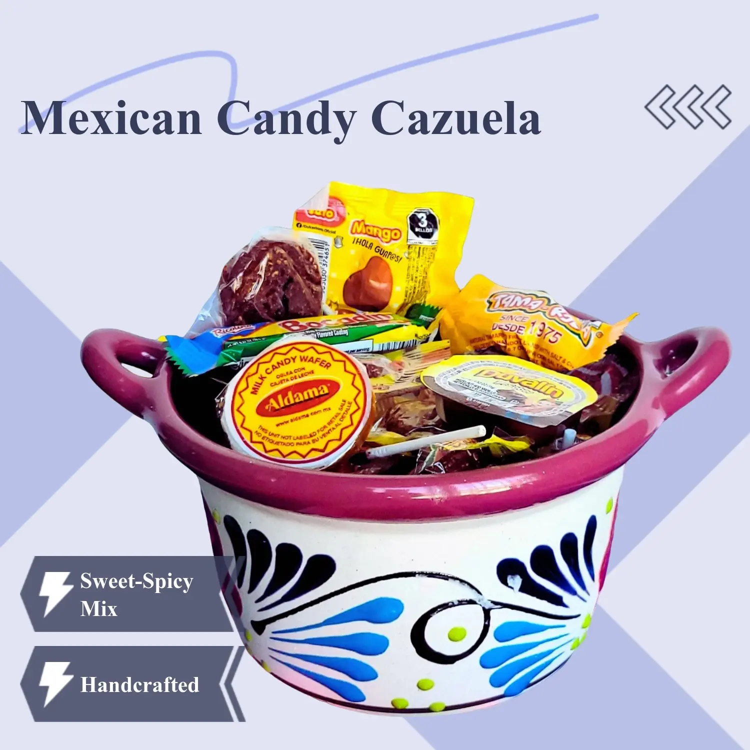 Handmade Cazuela de Barro Filled with Mixed Mexican Antojitos Sweet and Spicy Vero Mango Candy Gift for Candy Lovers