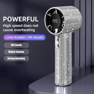 Full Diamond Luxury Craftsmanship Portable Handheld Turbo Fan, 5 Gear Wind, Rechargeable Long  Battery Life Hand Fan With Digital Display For Outdoor Activities, Travel, Office,Wonmen's gift
