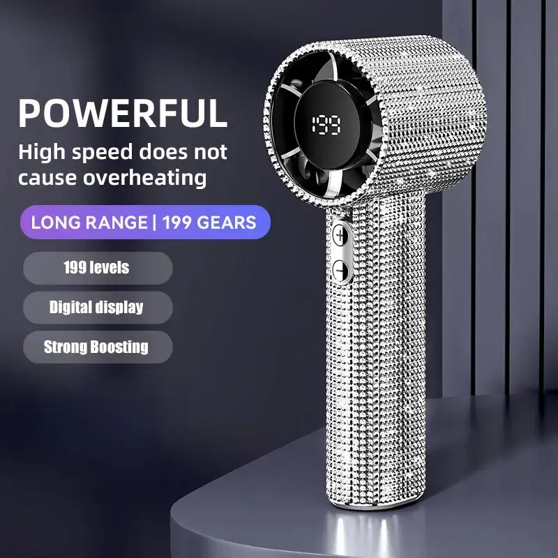 Luxury Full Diamond Craftsmanship Cordless Portable Handheld Turbo Fan - 5-Gear Wind, Rechargeable Long Battery Life, Digital Display - Ideal for Outdoor Activities, Office, Women's Gift, Portable Fan