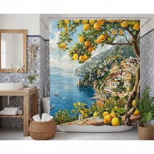 Vintage Amalfi Lemon Coast Bath Curtain, Italian Sea View Fabric Bathroom Curtain, Soft Polyester, Home Decor, Hotel Bathroom Decor