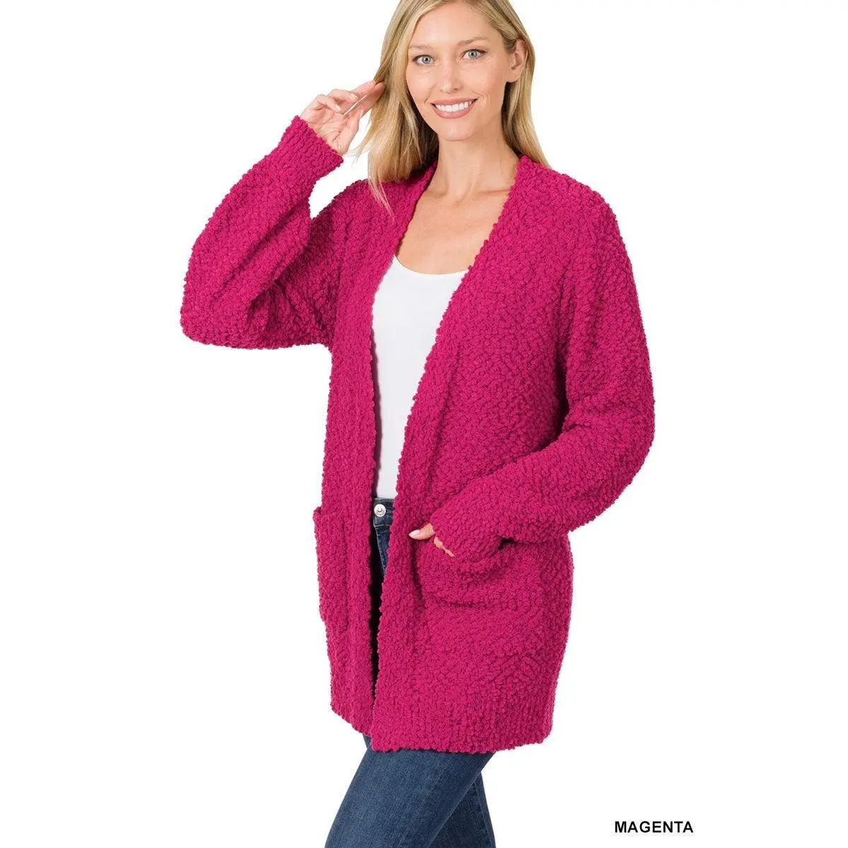 Puff Sleeve Popcorn Cardigan in Magenta