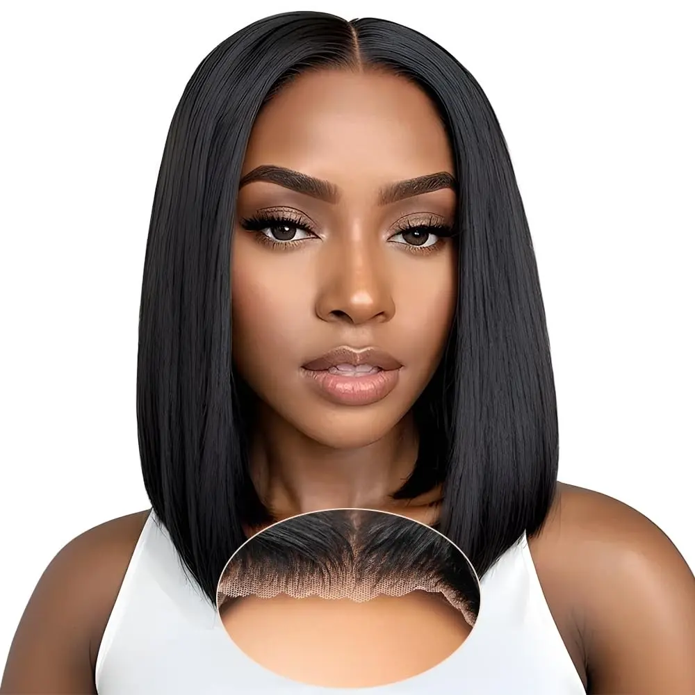 Black Women's 10in Glueless Lace Frontal Bob Wig, 13x4 Lace Front Bobs, 180% Density Short Straight Human Hair, Breathable for Daily & Party Wear, Work, Dating, Female, Role Play, Brazilian Hair, Adjustable, Straight Cut, Bob Length