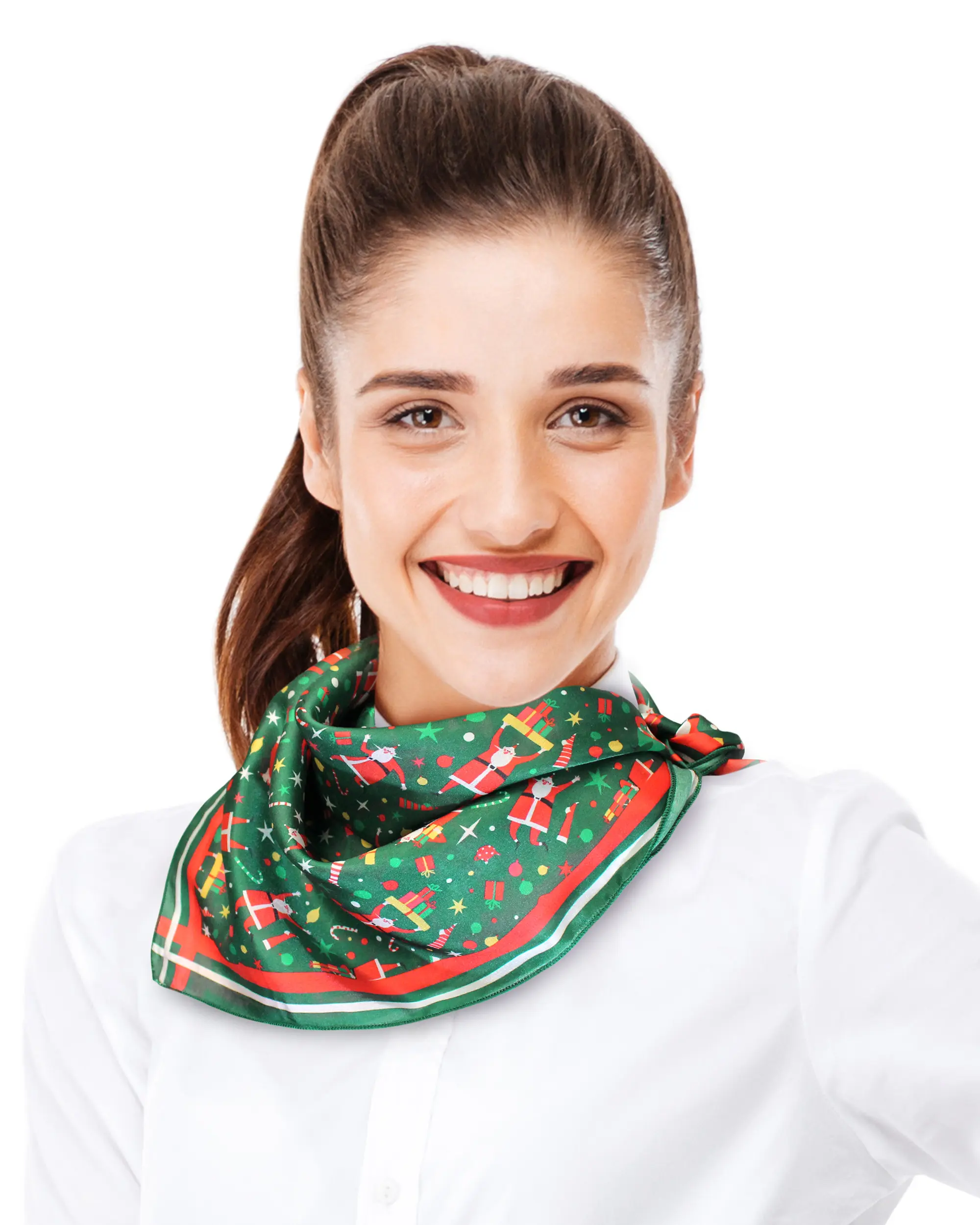 CBC Crown Women's Basic Female Classic Square Scarf, Lightweight Soft Polyester Synthetic Silk-Feel Festive Look Santa Claus Christmas Neckerchief, 21"x21", Hand Wash, 21" X 21", Holiday, One Size, 21” Size