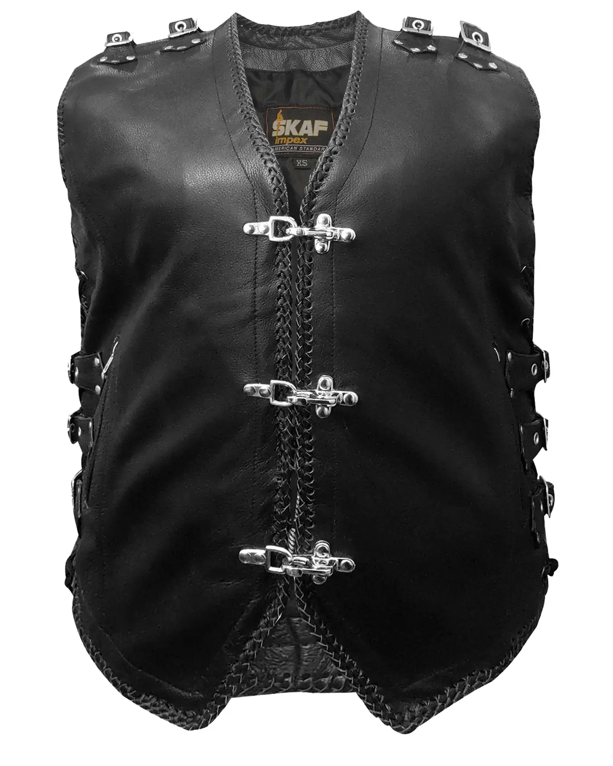 Men's Genuine Cow Leather Heavy Zipper Rocker Biker Motorcycle Vest Waistcoat