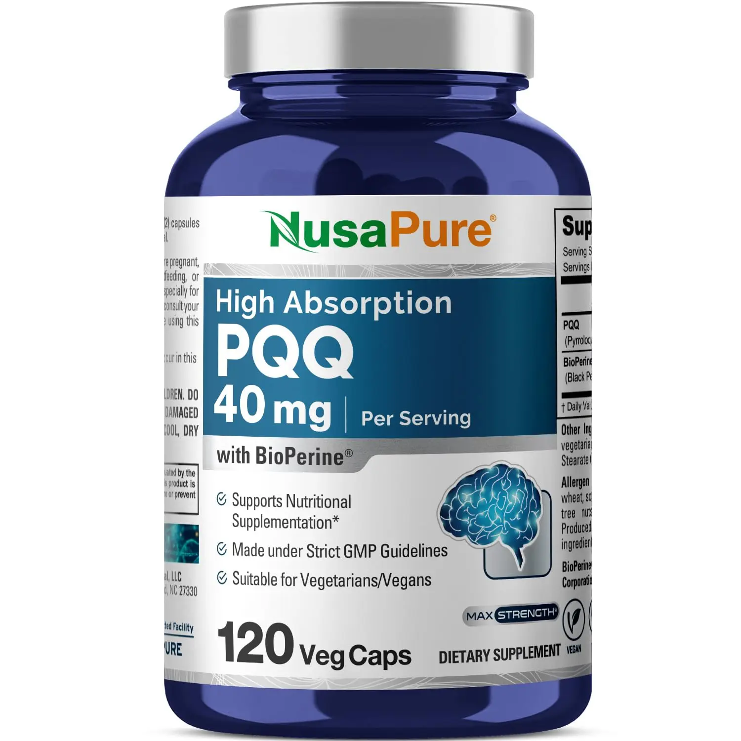 NusaPure PQQ Advanced Dietary Supplement - 40 mg Per Serving Pyrroloquinoline Quinone Disodium Salt, 120-Count Vegan Veggie Capsules, Non-GMO, Bioperine, GMP-Certified, Adult Wellness Support