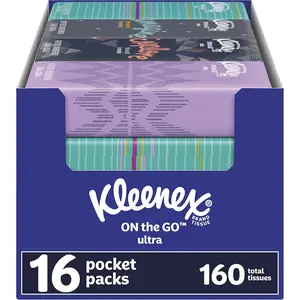 Kleenex On-The-Go Facial Tissues, 16 On-The-Go Packs, 10 Tissues per Box, 3-Ply (160 Total Tissues), Packaging May Vary