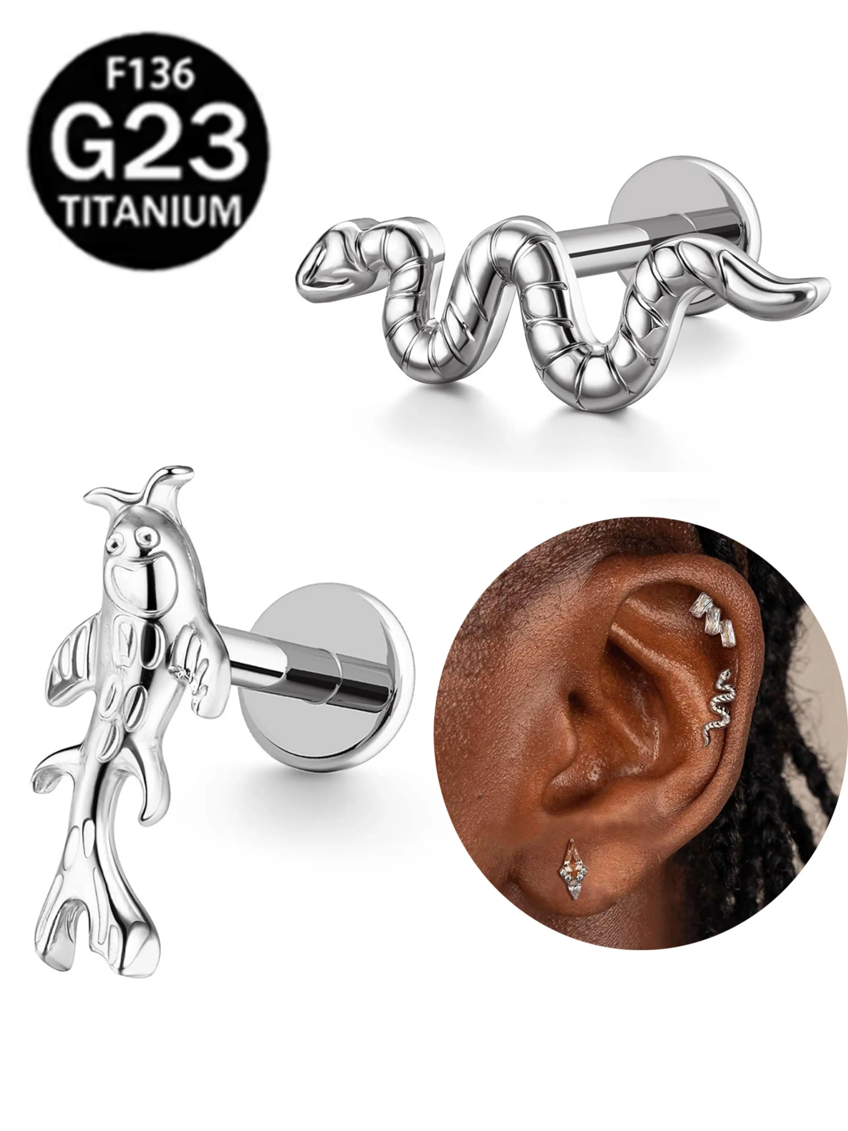 G23 Titanium Snake Cartilage Earrings for Women, Tragus Internally Threaded Stud Earrings, Labret Helix Conch Piercing Jewelry, Titanium Body Jewelry
