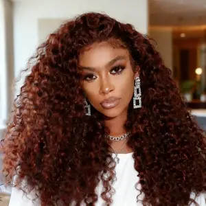 [Hot] Reddish Brown Kinky Curly Invisi Strap Snug Fit 360 Transparent Lace Frontal Bleached Knots Pre Cut Lace Wig With Drawstring