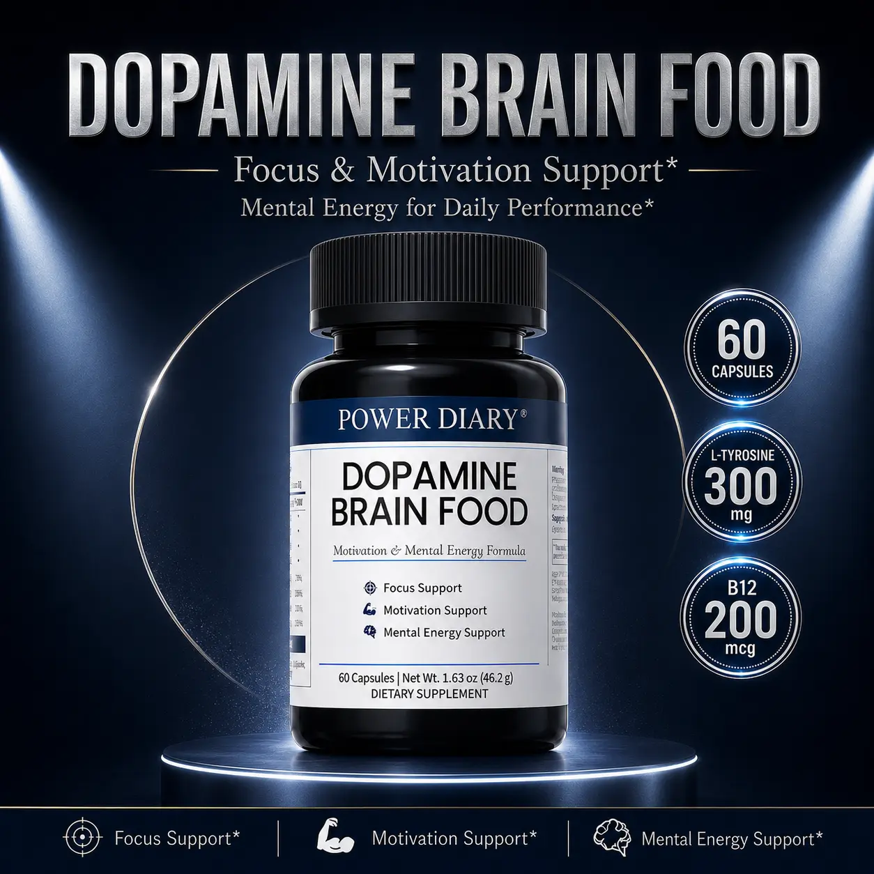 POWER DIARY Dopamine Brain Food, Dopamine Supplements & L-Tyrosine Supplement with L-Phenylalanine, Taurine, TMG, Vitamins B6 & B12, Focus & Mental Energy Support, 60 Capsules