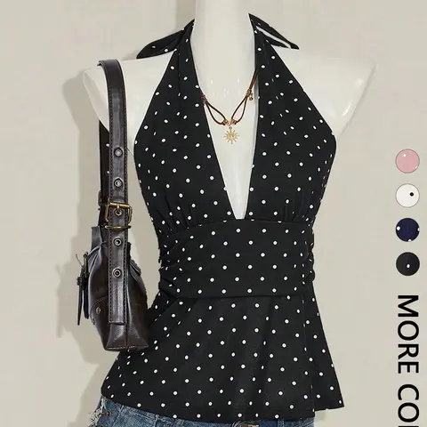 【Black Friday】Women's Polka Dot Print Halter Top, Boho-Style Deep V-Neck Sleeveless Fitted Design with Tie-Back Closure & Adjustable Ruched Waist, Soft Breathable Fabric for Daily Wear and Vacation